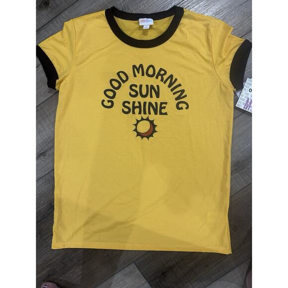 NWT LuLaRoe MEDIUM Liv T-Shirt Gold Dark Brown Ringer Good Morning Sunshine Sun - Picture 1 of 5